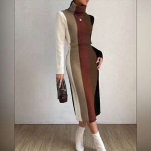 Elegant Color Block Turtleneck Dress SHEIN curve